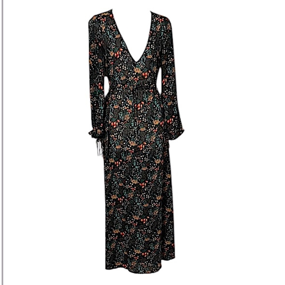 Sheer Maxi Long Sleeve Deep V Neck Floral Bohemian Boho Dress Sz S